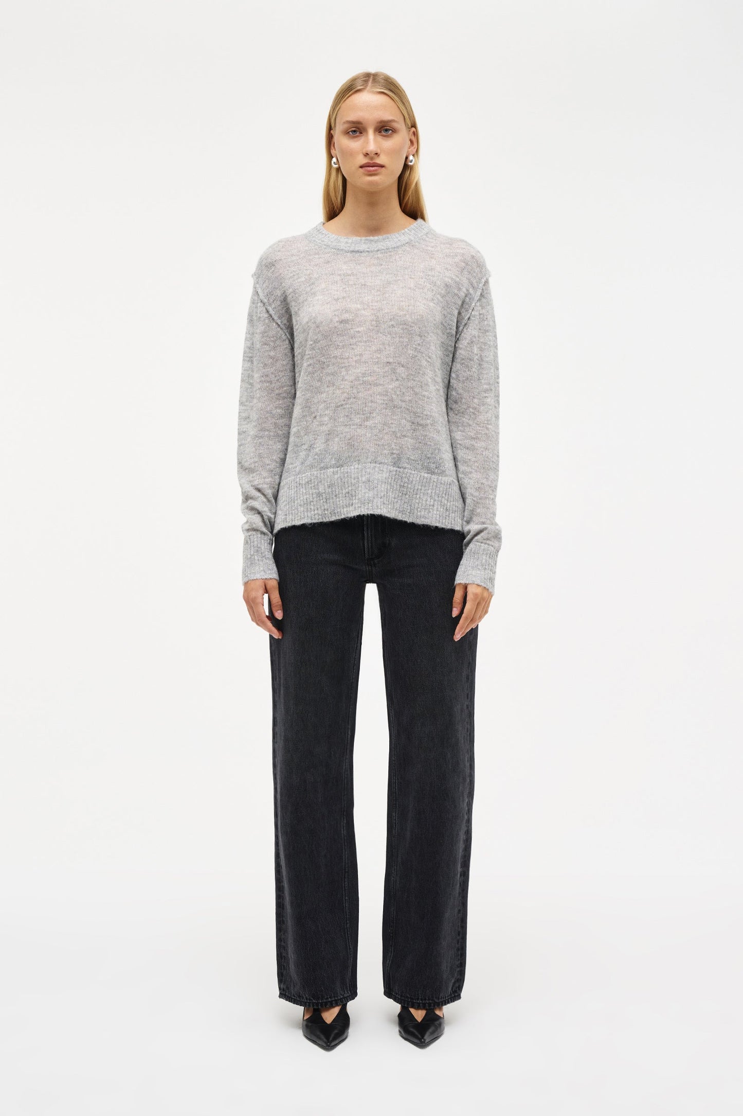 Fine Mohair Wool Blend Crew - Grey Marle