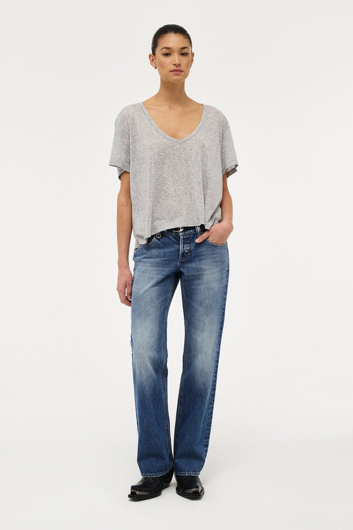 Girlfriend Deep V Tee - Grey Marle