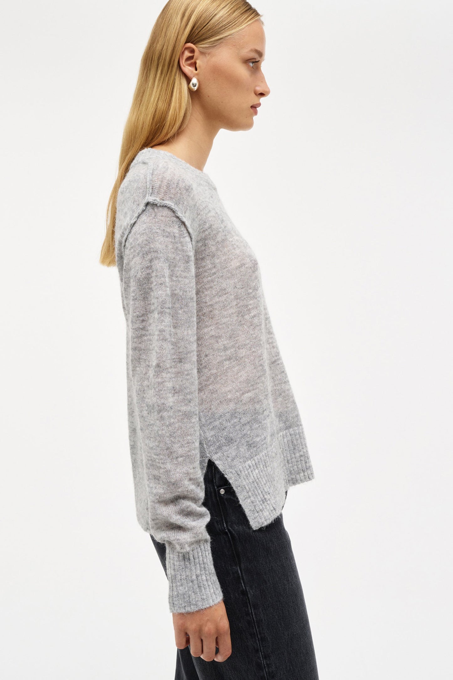 Fine Mohair Wool Blend Crew - Grey Marle
