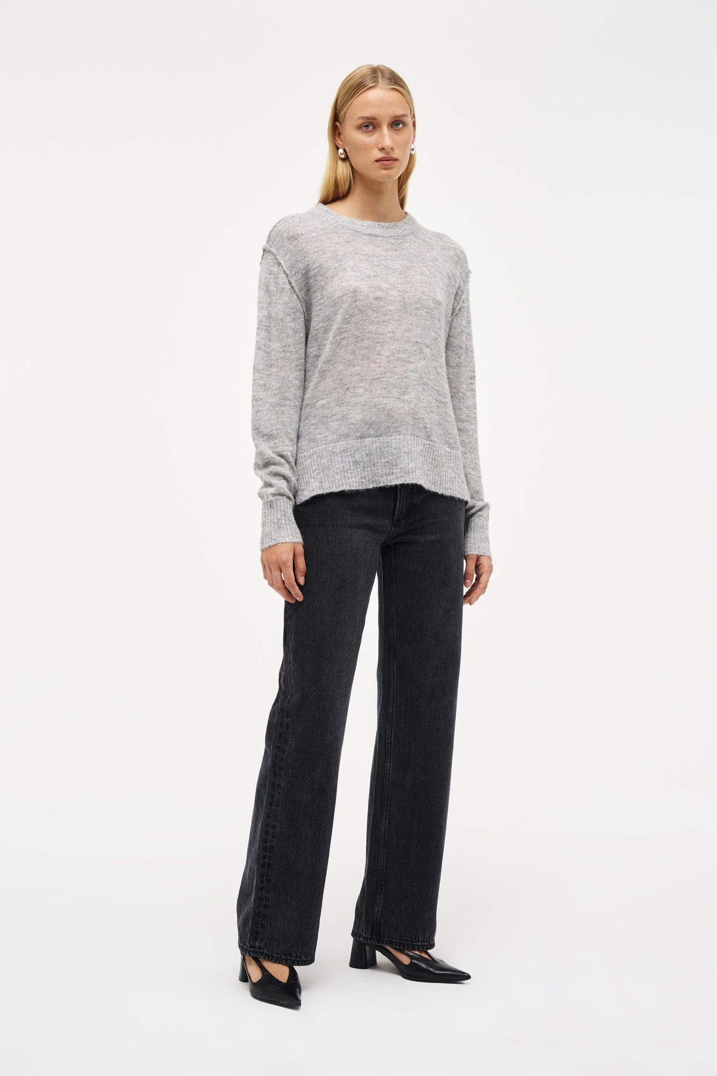 Fine Mohair Wool Blend Crew - Grey Marle