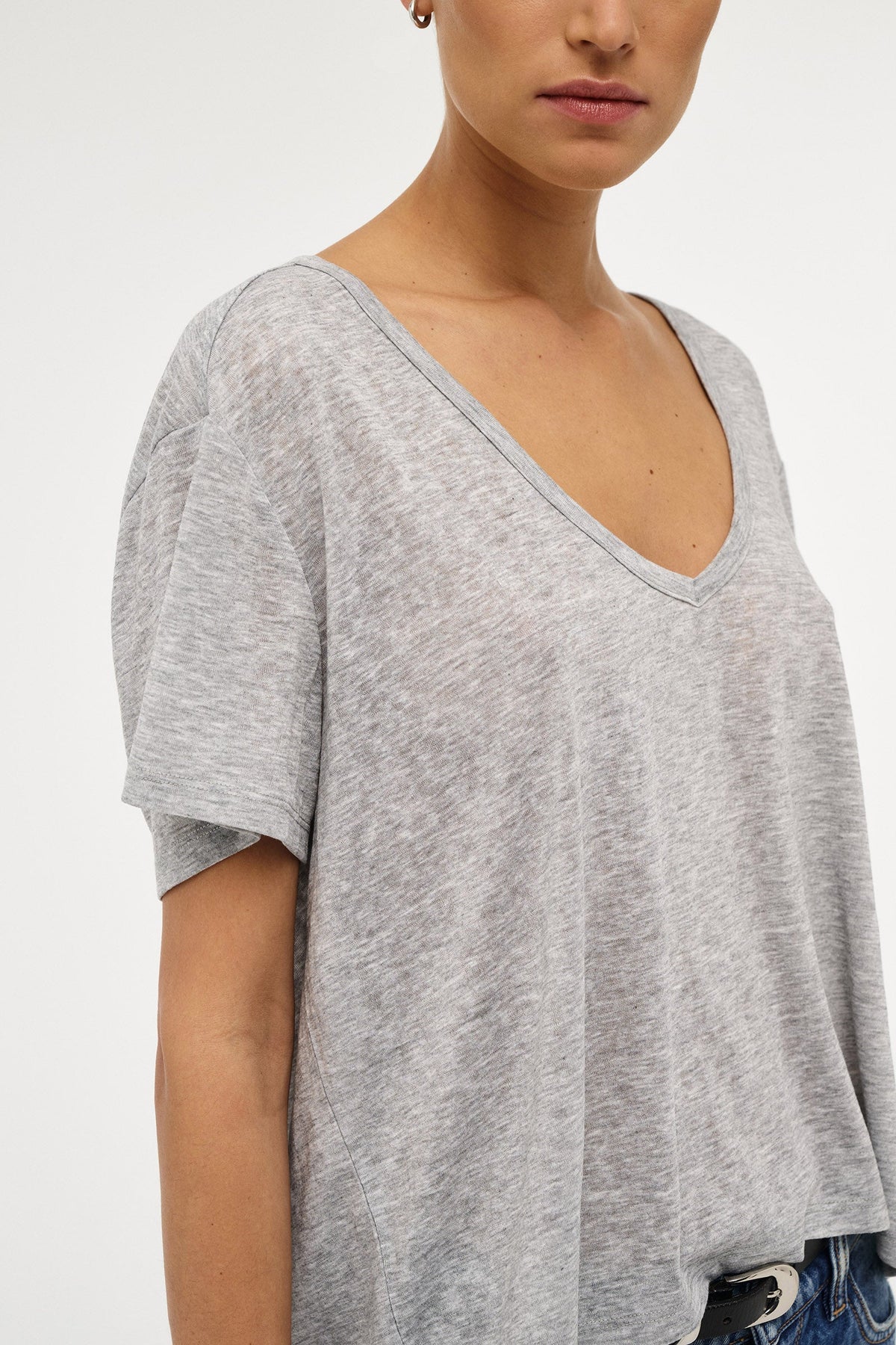 Girlfriend Deep V Tee - Grey Marle