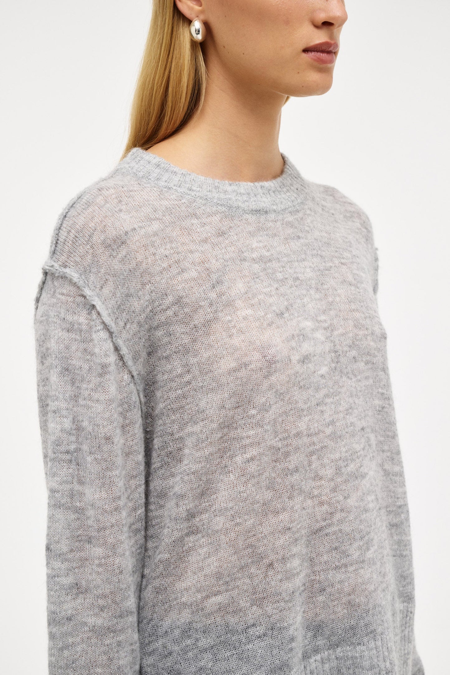 Fine Mohair Wool Blend Crew - Grey Marle