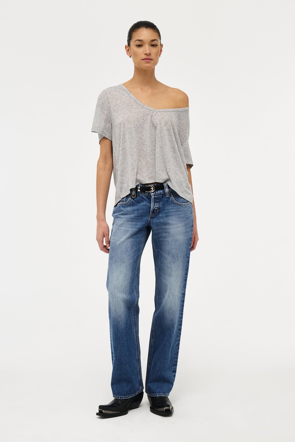 Girlfriend Deep V Tee - Grey Marle