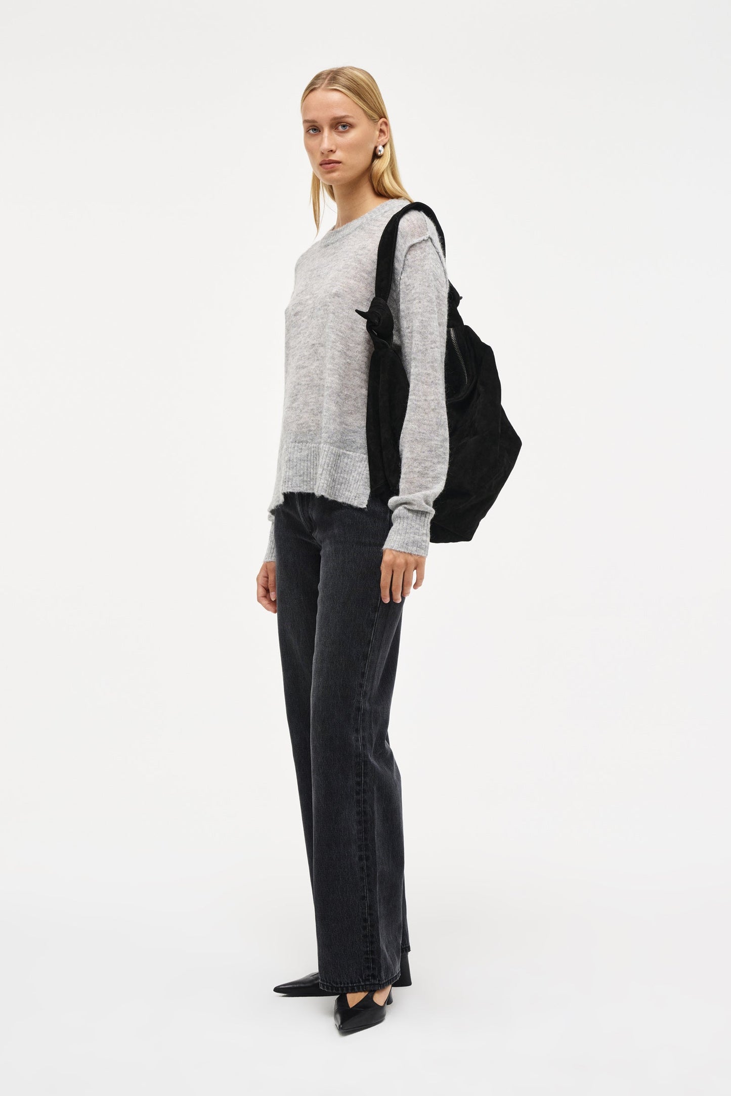 Fine Mohair Wool Blend Crew - Grey Marle